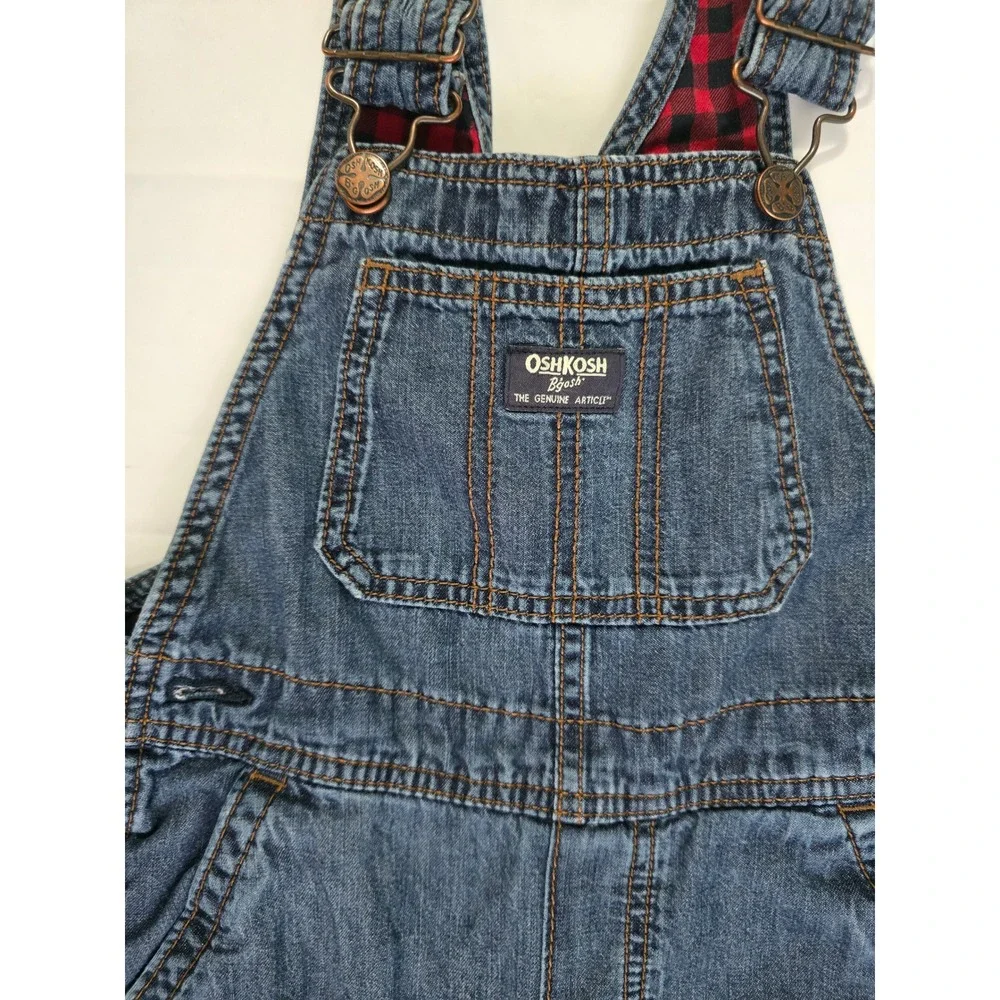 OshKosh Bgosh Boys 5T Flannel Lined Denim Overall BuffaloPlaid Blue Red 21602610